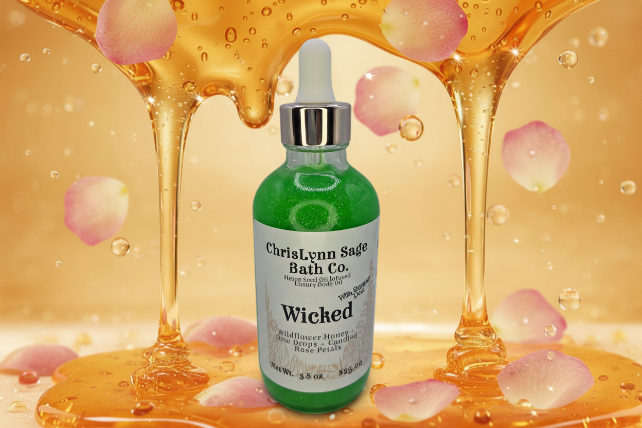 Wicked Shimmer Body Oil - Wildflower Honey + Dew Drops + Candied Rose Petals
