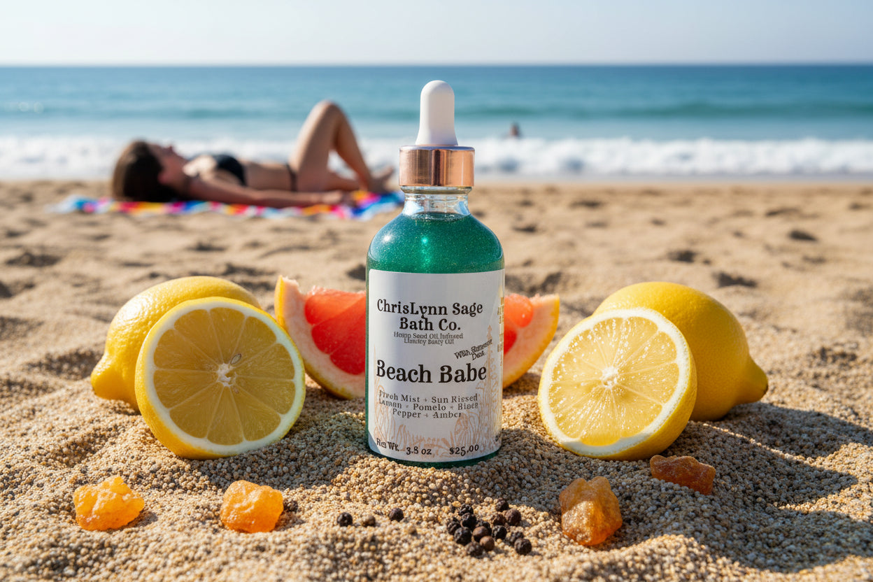 Beach Babe Shimmer Body Oil - Fresh Mist + Sun Kissed Lemon + Pomelo + Black Pepper + Amber