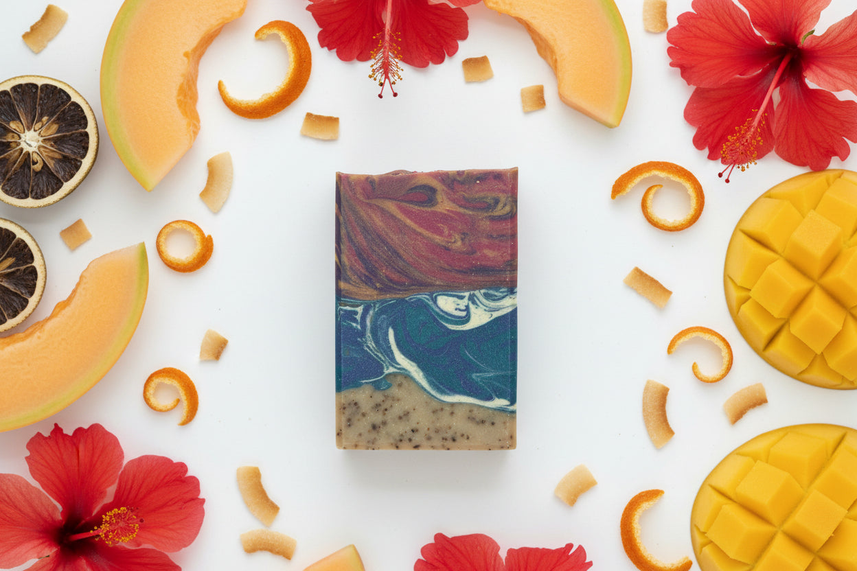 Sunset Beach SOAP BAR - Cantaloupe + Orange Peel + Hibiscus + Ripe Mango + Toasted Coconut