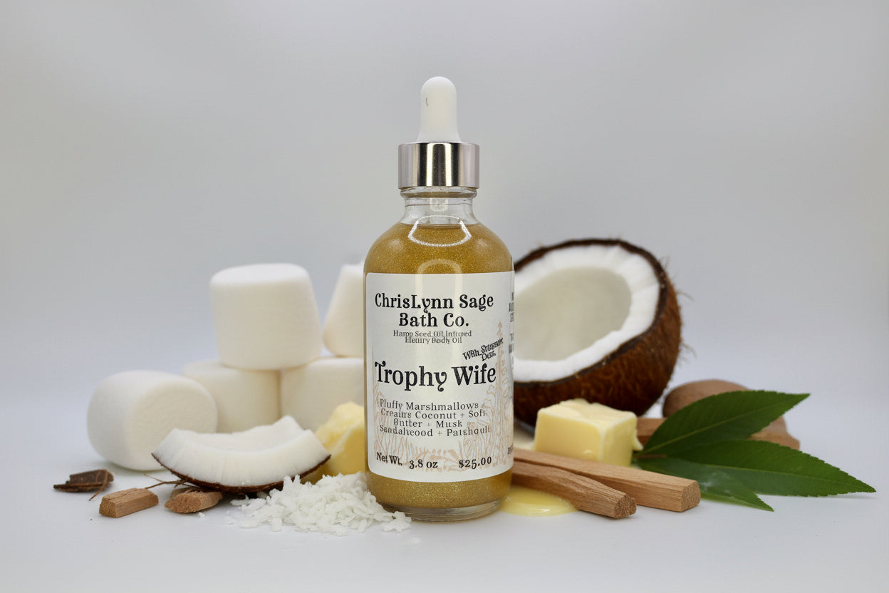 Trophy Wife Shimmer Body Oil - Fluffy Marshmallows + Creamy Coconut + Soft Butter + Musk + Sandalwood + Patchouli