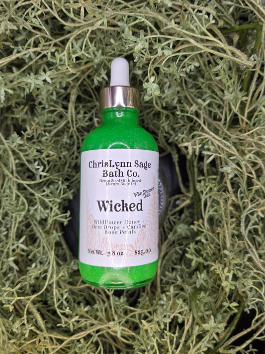Wicked Shimmer Body Oil - Wildflower Honey + Dew Drops + Candied Rose Petals