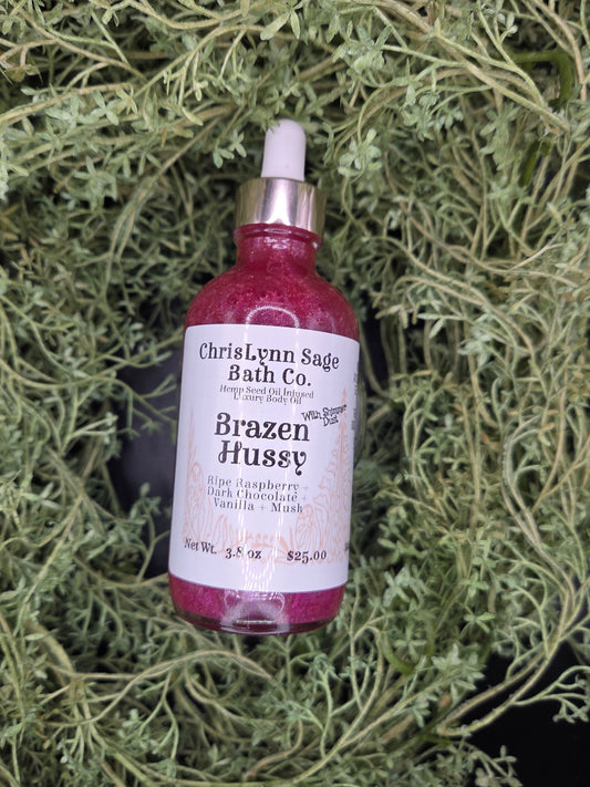 Brazen Hussy Shimmer Body Oil - Ripe Raspberry + Dark Chocolate + Vanilla + Musk