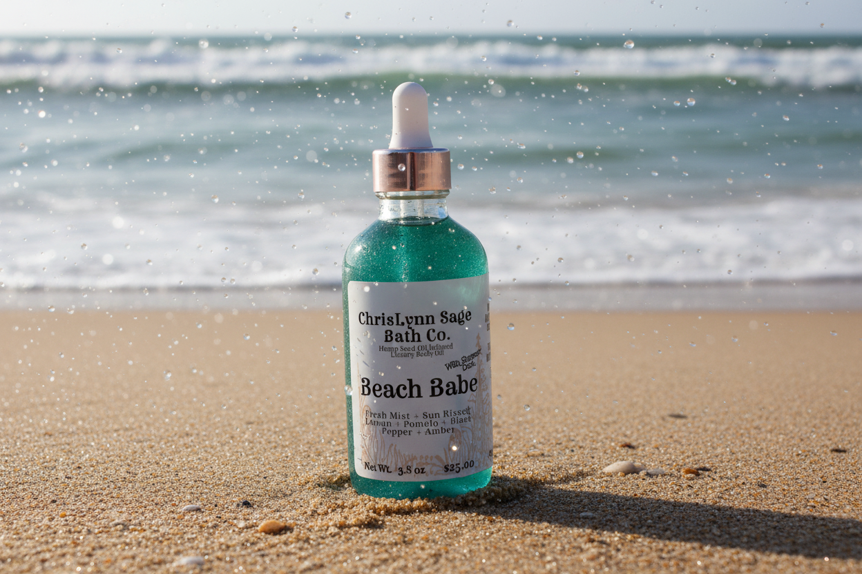 Beach Babe Shimmer Body Oil - Fresh Mist + Sun Kissed Lemon + Pomelo + Black Pepper + Amber