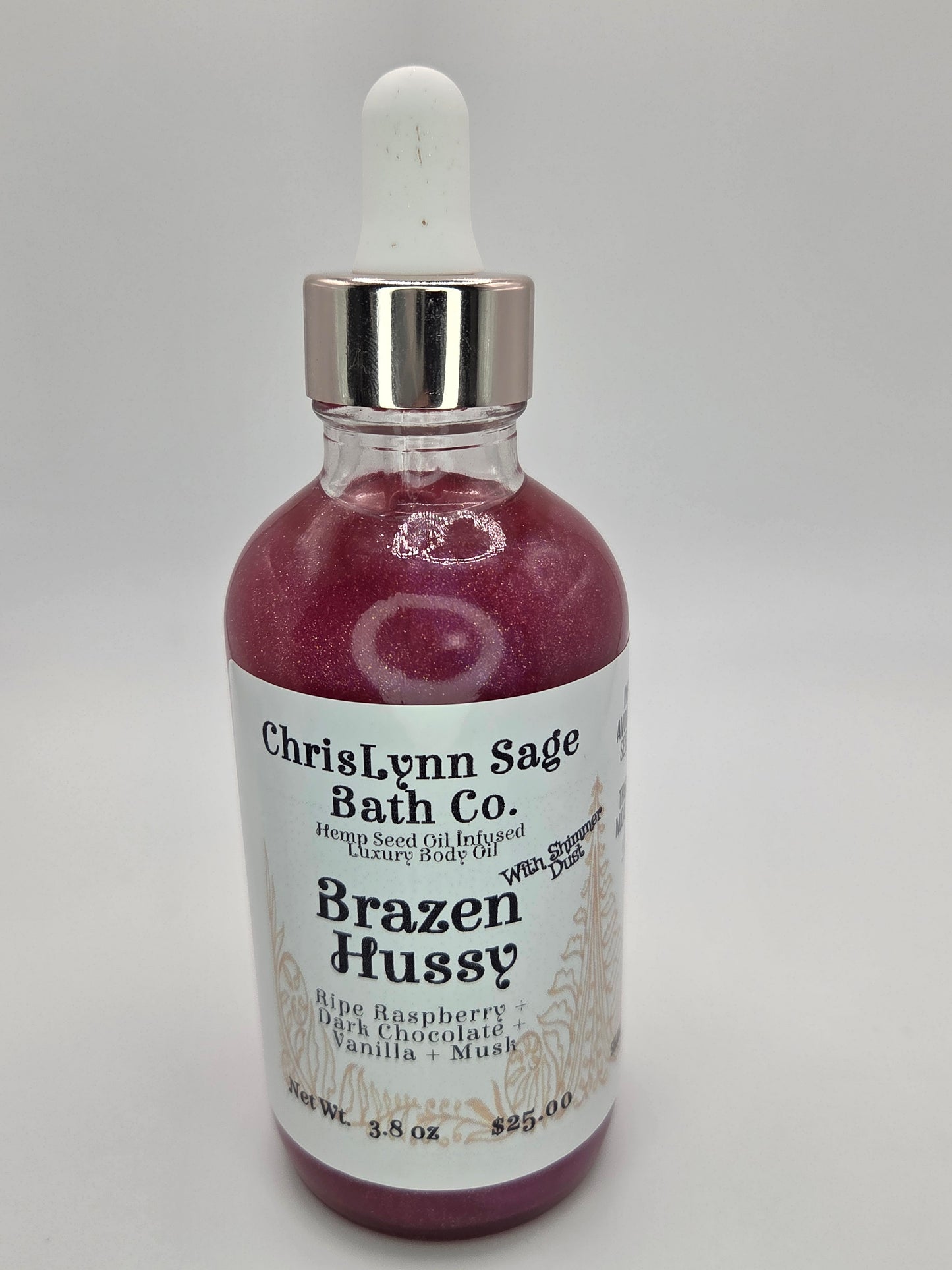 Brazen Hussy Shimmer Body Oil - Ripe Raspberry + Dark Chocolate + Vanilla + Musk