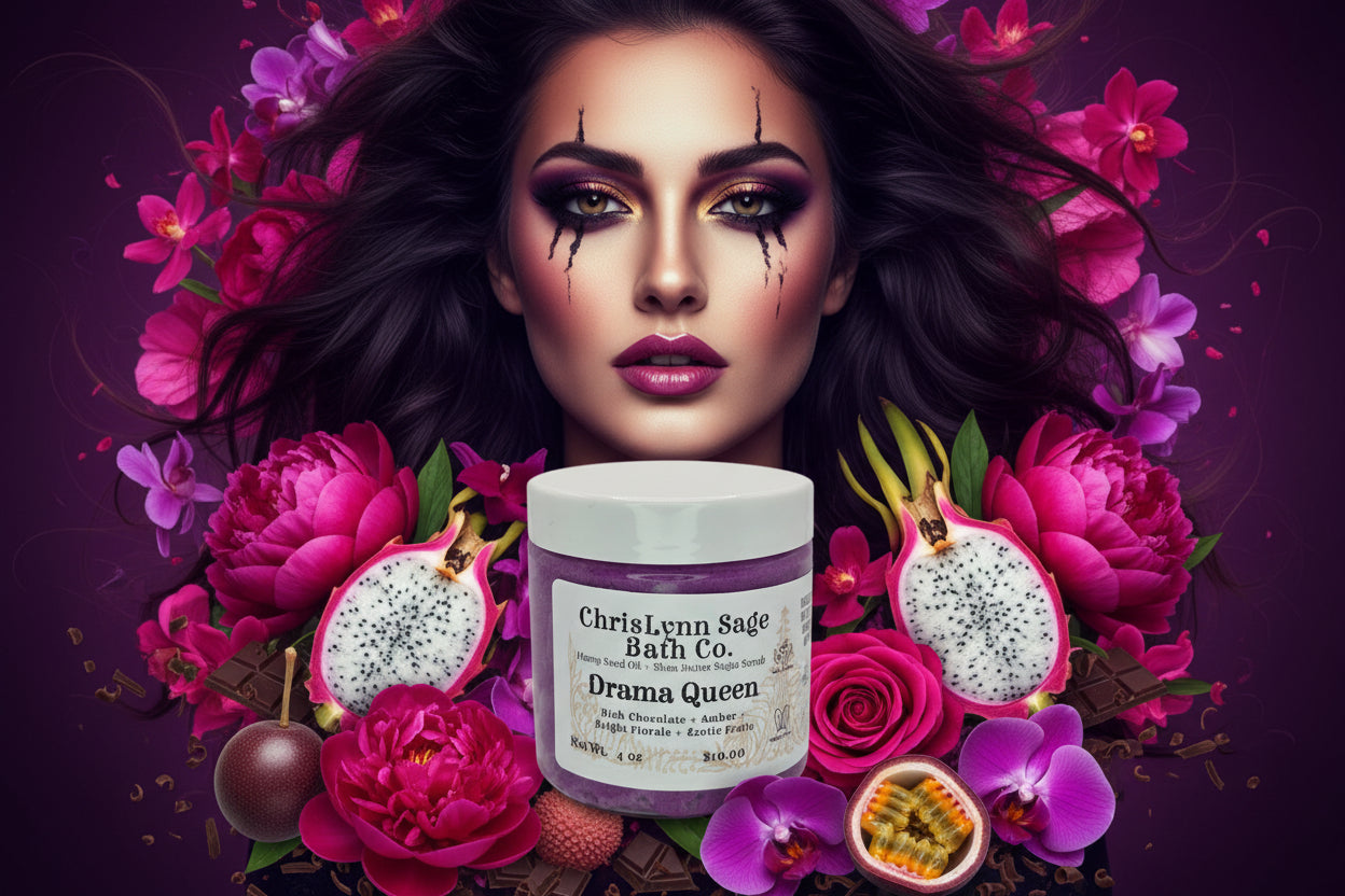 Drama Queen Sugar Scrub - Rich Chocolate + Amber + Bright Florals + Exotic Fruits