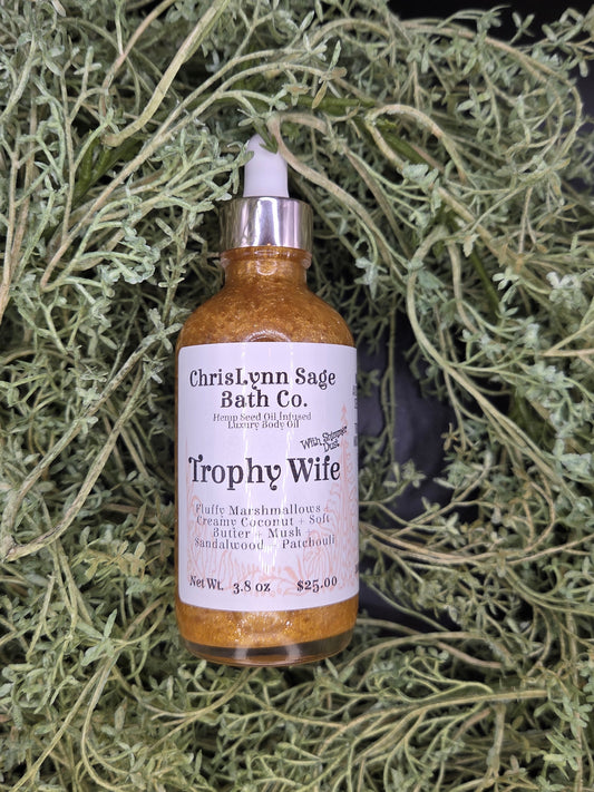 Trophy Wife Shimmer Body Oil - Fluffy Marshmallows + Creamy Coconut + Soft Butter + Musk + Sandalwood + Patchouli