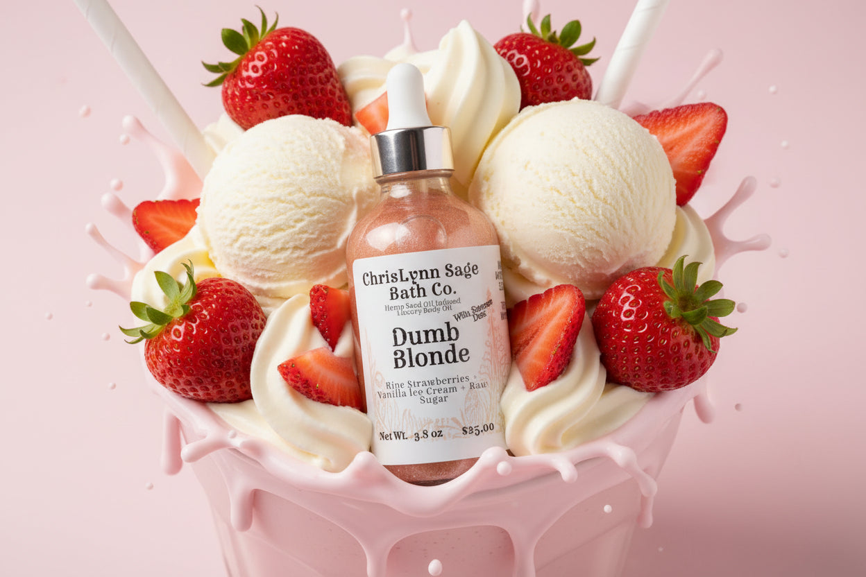 Dumb Blonde Shimmer Body Oil - Ripe Strawberries + Vanilla Ice Cream + Raw Sugar