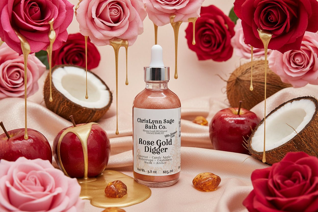 Rose Gold Digger Body Oil - Coconut + Candy Apple + Heliotrope + Cashmere Musk + Amber