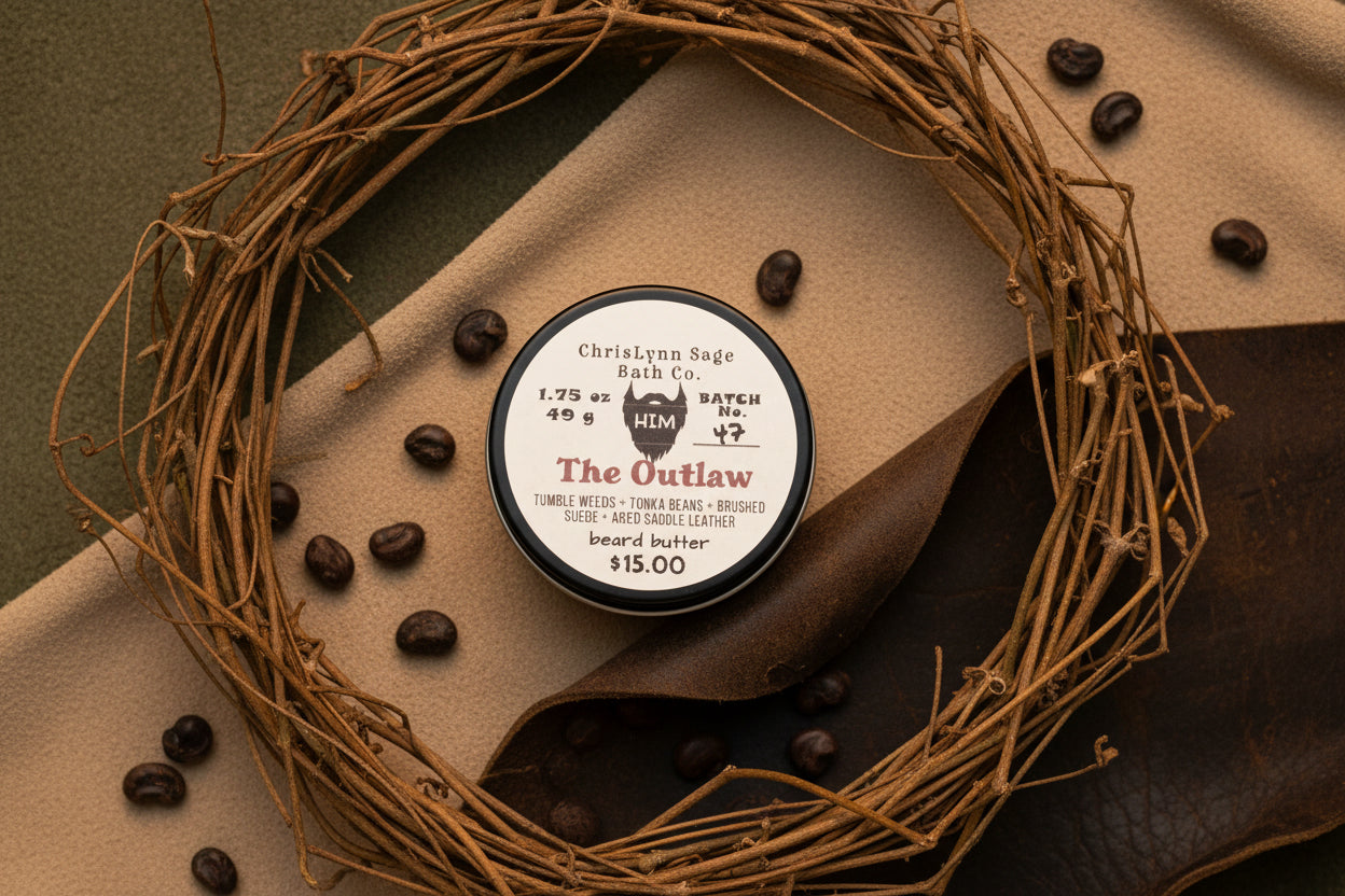 The Outlaw - HIM beard butter - Tumble Weeds + Tonka Beans + Brushed Suede + Aged Saddle Leather