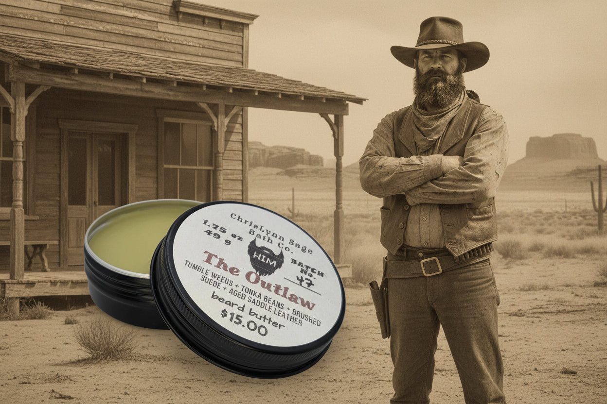 The Outlaw - HIM beard butter - Tumble Weeds + Tonka Beans + Brushed Suede + Aged Saddle Leather