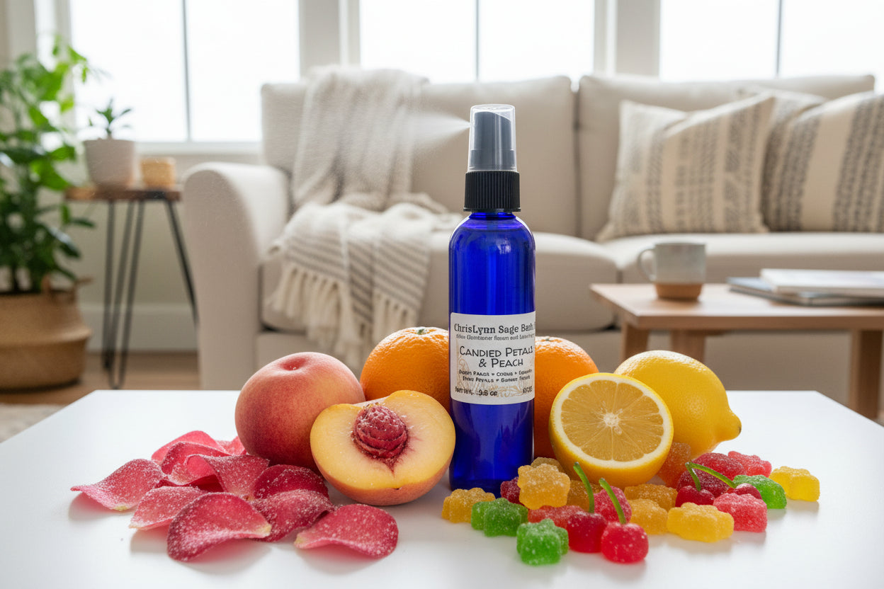 Candied Petals & Peach ROOM SPRAY - Sweet Peach + Citrus + Candied Rose Petals + Gummy Fruits
