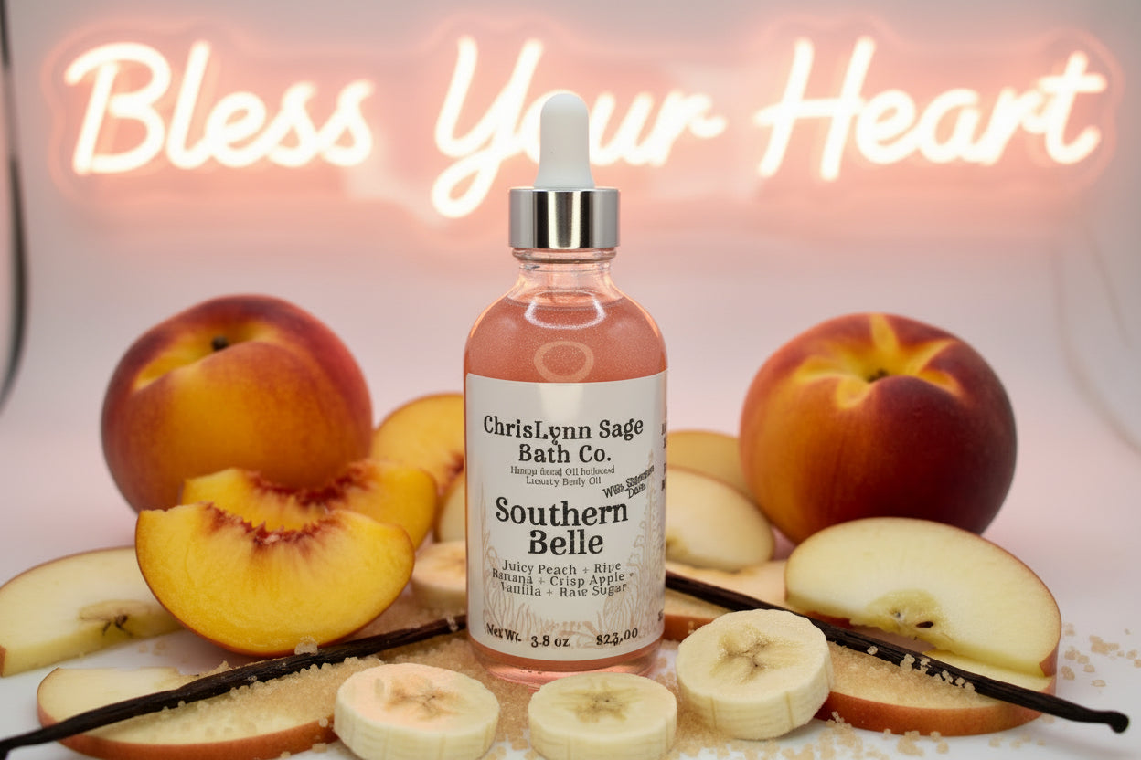 Southern Belle Shimmer Body Oil - Juicy Peach + Ripe Banana + Crisp Apple + Vanilla + Raw Sugar