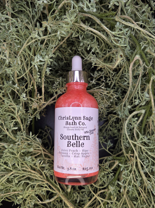 Southern Belle Shimmer Body Oil - Juicy Peach + Ripe Banana + Crisp Apple + Vanilla + Raw Sugar