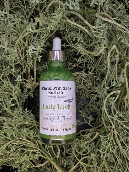Lady Luck Shimmer Body Oil - Cereal Milk + Mixed Fruits + Fluffy Marshmallows + Creamy Coconut